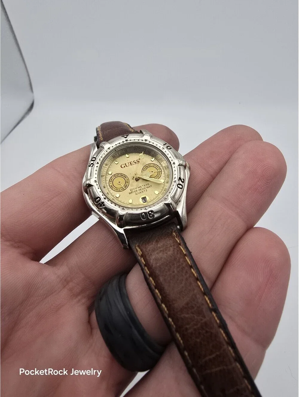 Guess Multifunction Gold Dial Day Date Tachymeter Brown Leather Quartz Watch